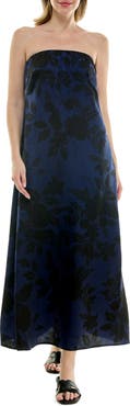 Nicole Miller Strapless Print Satin Maxi Dress