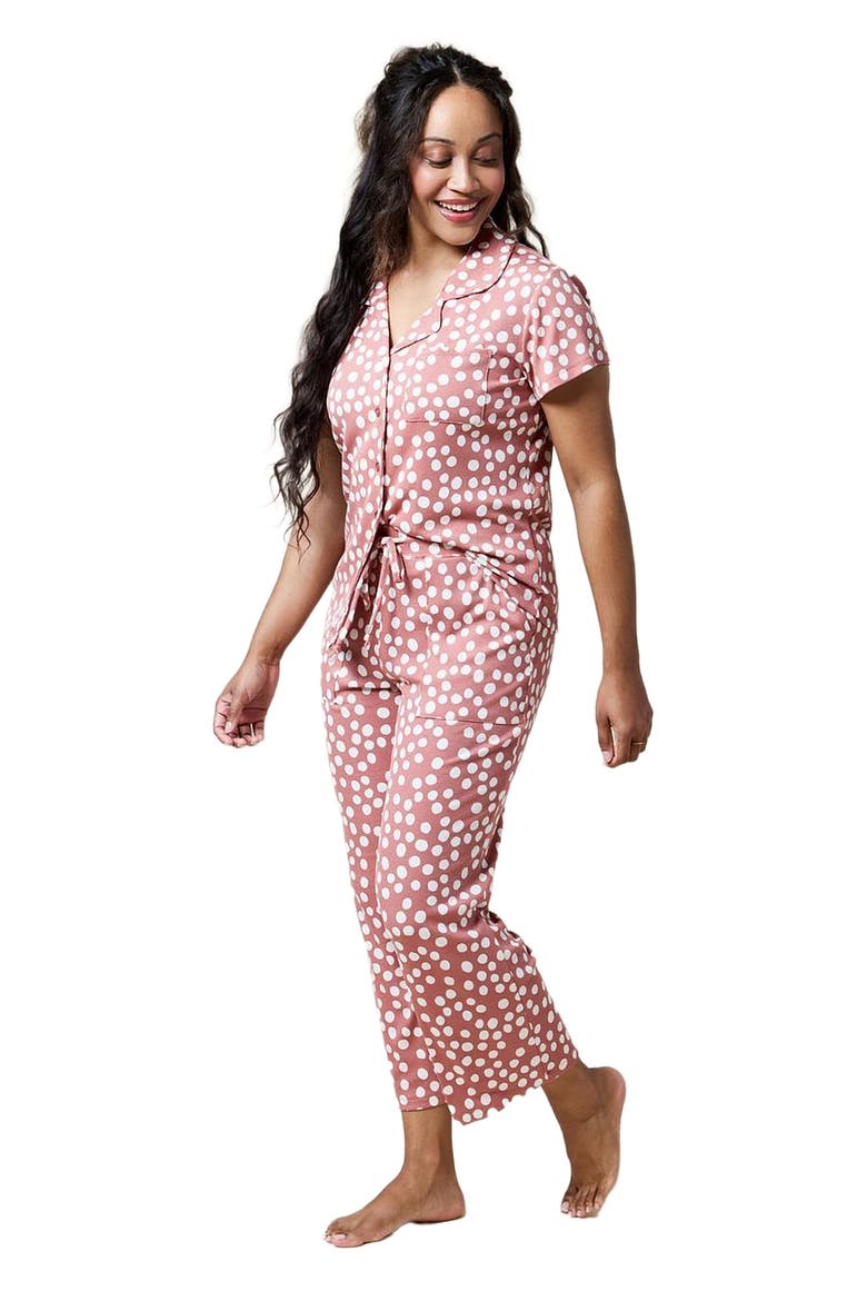 Aria - Slim Notch Collar Top and Capri Pant Sleepwear Set, Alternate, color, Copper Rose Dot