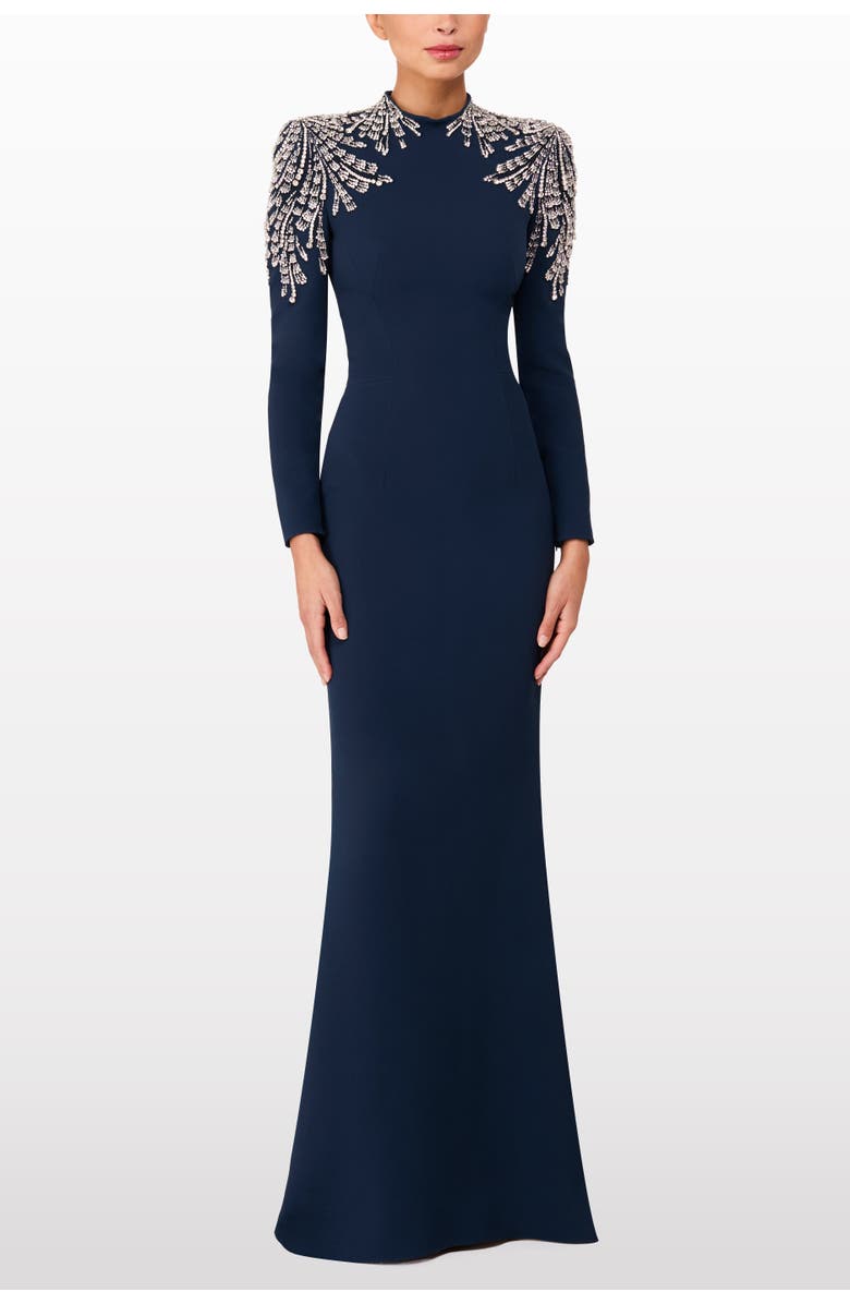 Jenny Packham Cobra embellished-shoulders mock-neck maxi dress, Alternate, color, Blackthorne Blue