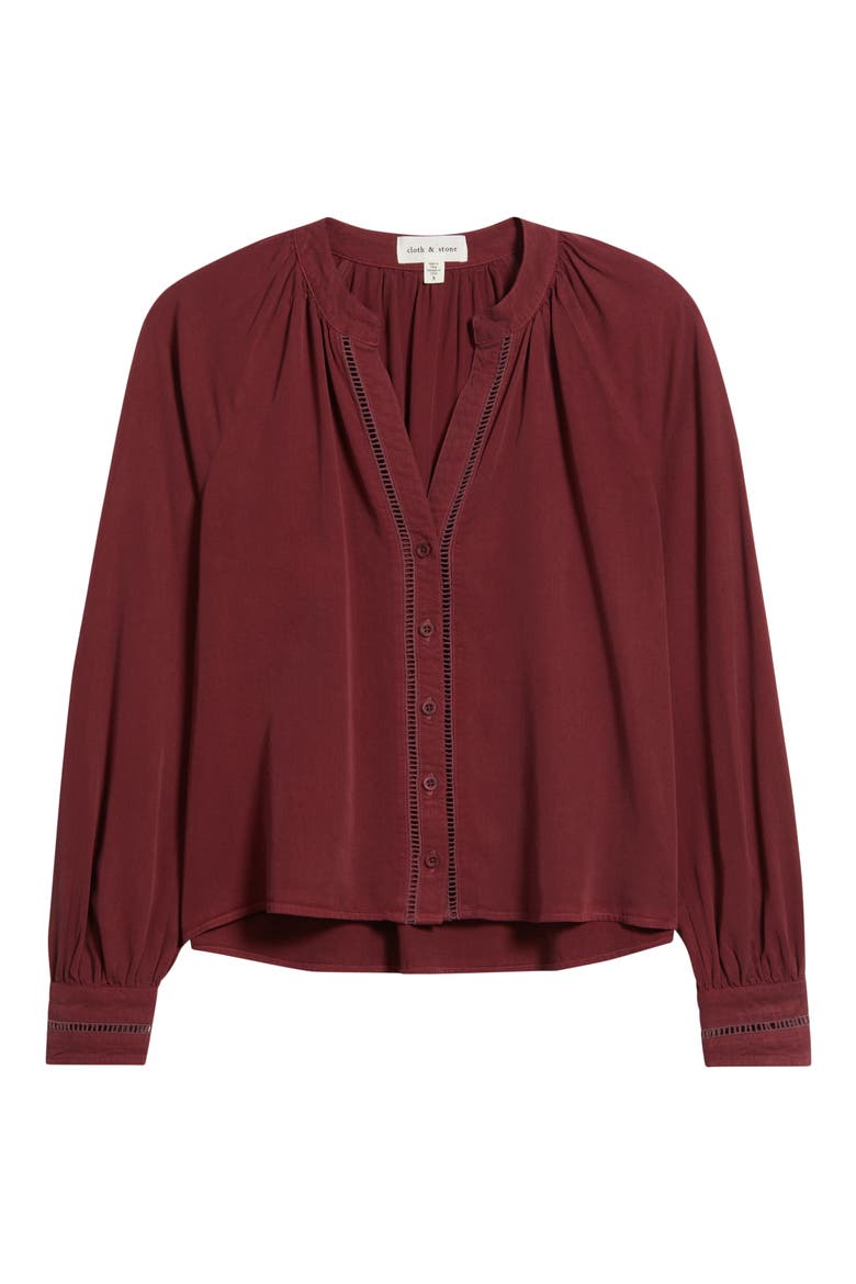 Shirred Button-Up Shirt, Alternate, color, MERLOT HARVEST