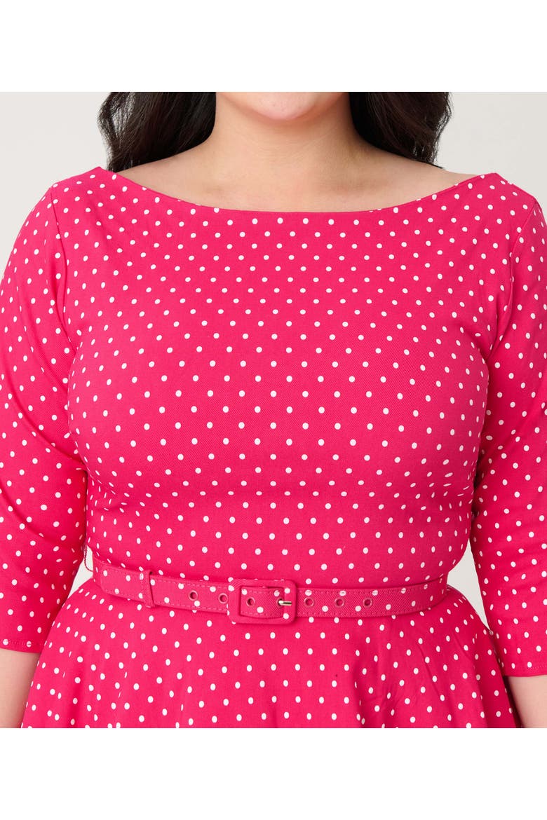 Plus Size Three Quarter Sleeve Belted Devon Swing Dress, Alternate, color, Pink w/ White Pindot