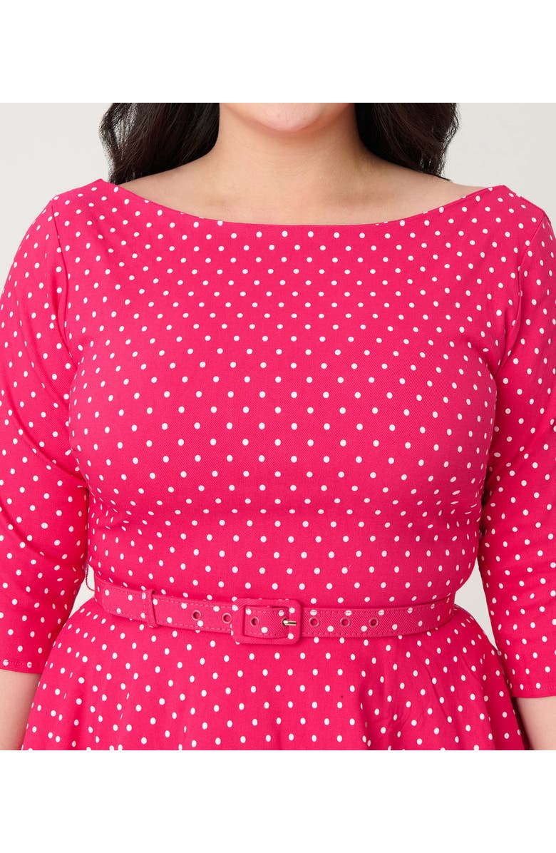 Unique Vintage Plus Size Three Quarter Sleeve Belted Devon Swing Dress, Alternate, color, Pink W/ White Pindot