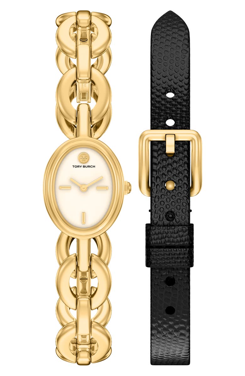 Tory Burch The Small Oval Watch Gift Set, 18mm x 23mm, Main, color, Gold / Black
