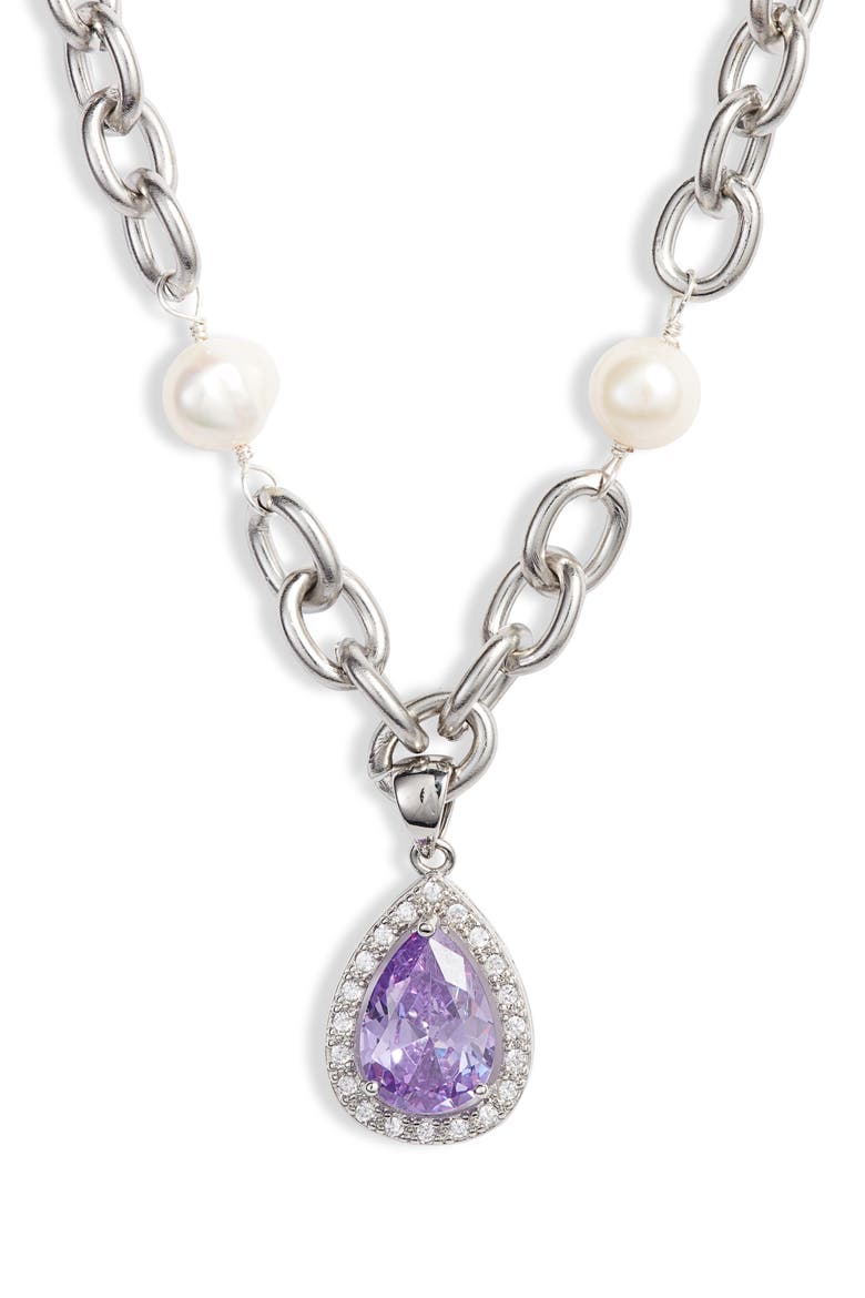 Heiress Imitation Pearl Pavé Pendant Necklace, Main, color, SILVER