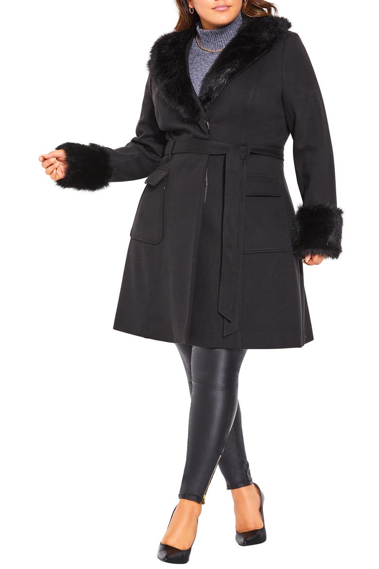 Make Me Blush Belted Coat with Faux Fur Trim, Main, color, BLACK