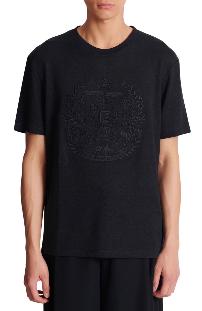 Balmain Écusson Embroidered Linen T-Shirt, Alternate, color, Black