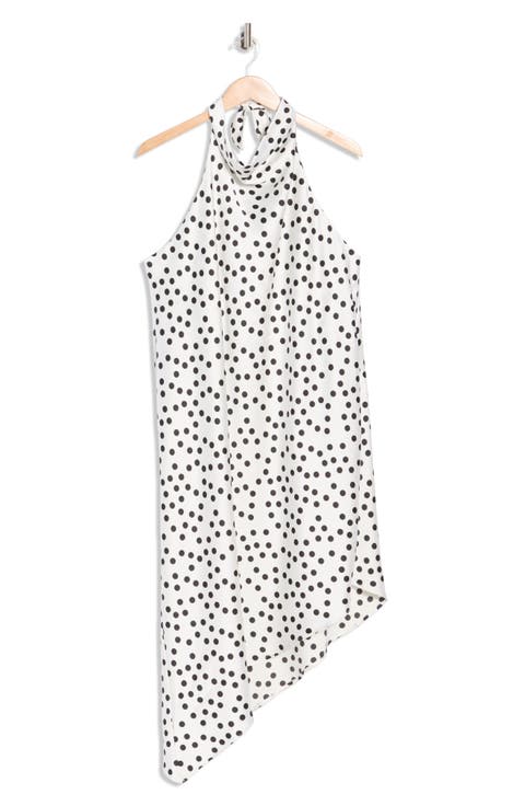 Polka Dot Asymmetric Hem Satin Halter Dress (Plus)