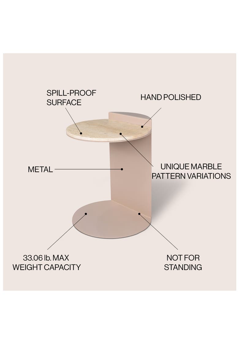 Evelyn Modern Round Marble C-Shaped End Table, Iron Frame Sofa Side Snack Table for Living Room or Bedroom, Alternate, color, Beige/Pink Beige