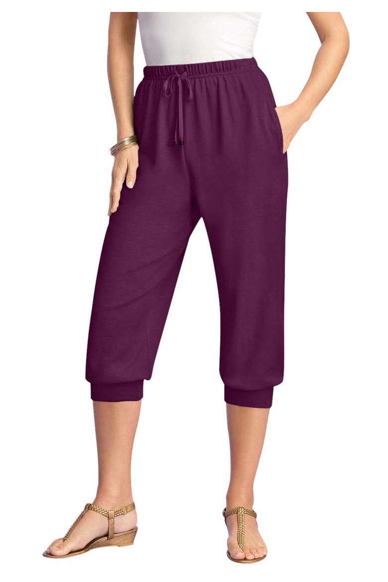 Plus Size Soft Knit Capri Pant With Drawstring Waist, Main, color, DARK BERRY