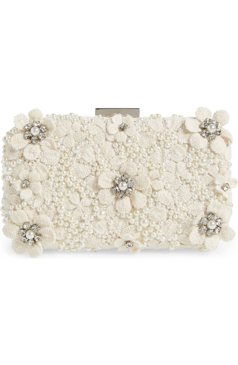 Olga Berg Beth Bead & Crystal Clutch, Main, color, Ivory