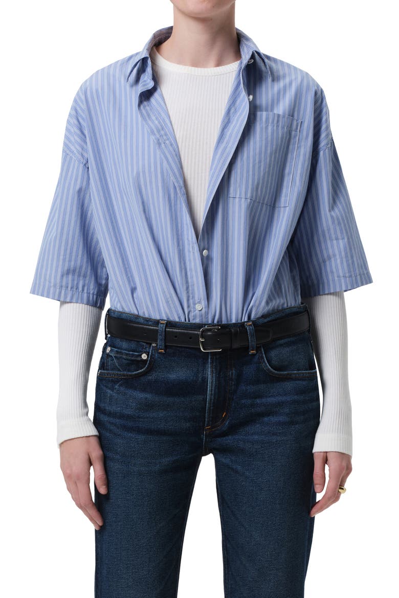 Frances Cape Crop Cotton Button-Up Shirt, Main, color, KINDERED STRIPE