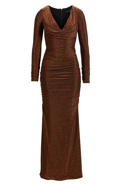 Black Halo Rafaela Long Sleeve Glitter Knit Gown In Brown