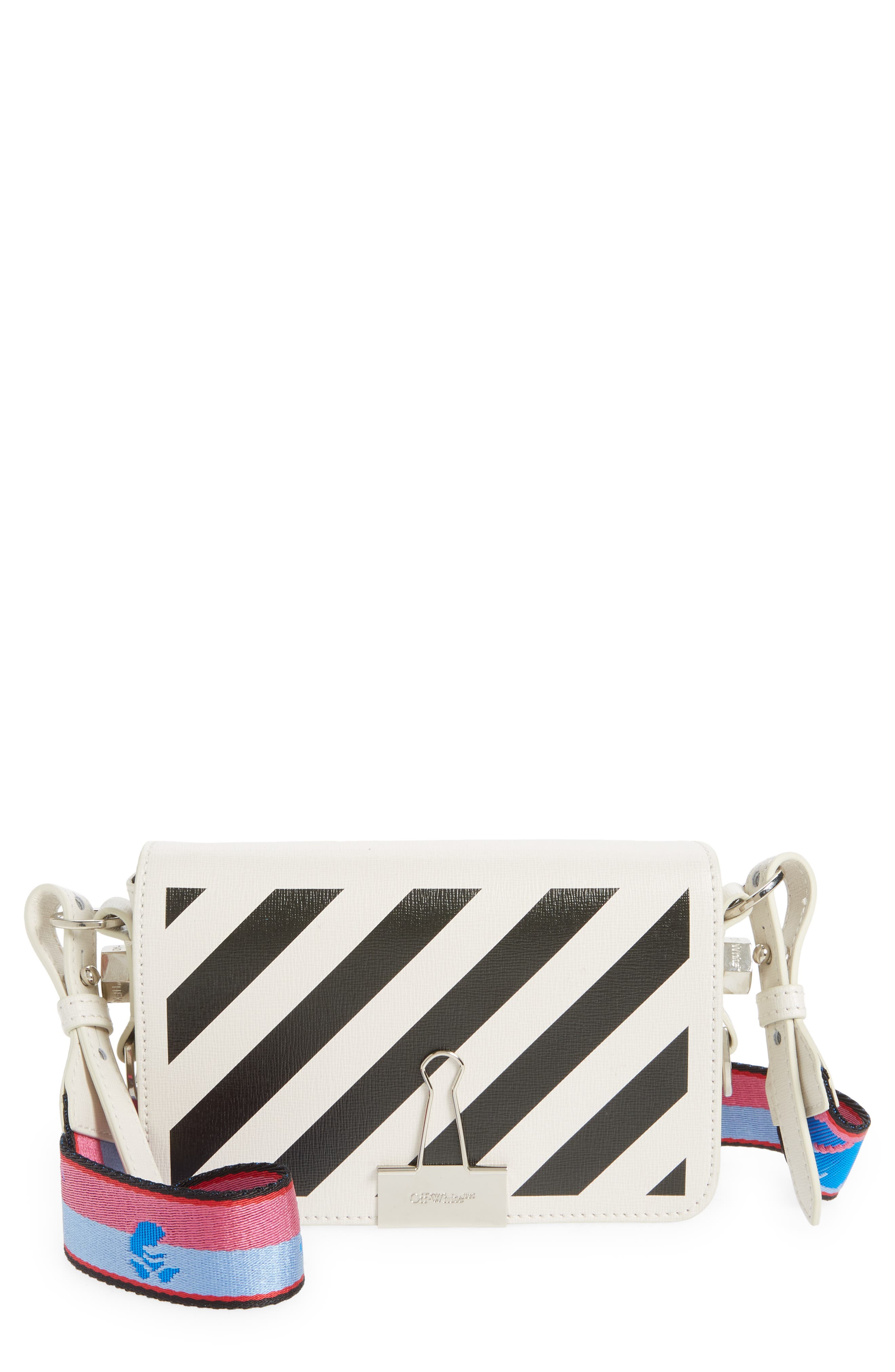 Off-White Mini Diagonal Stripe Saffiano Leather Flap Bag, Main, color, 