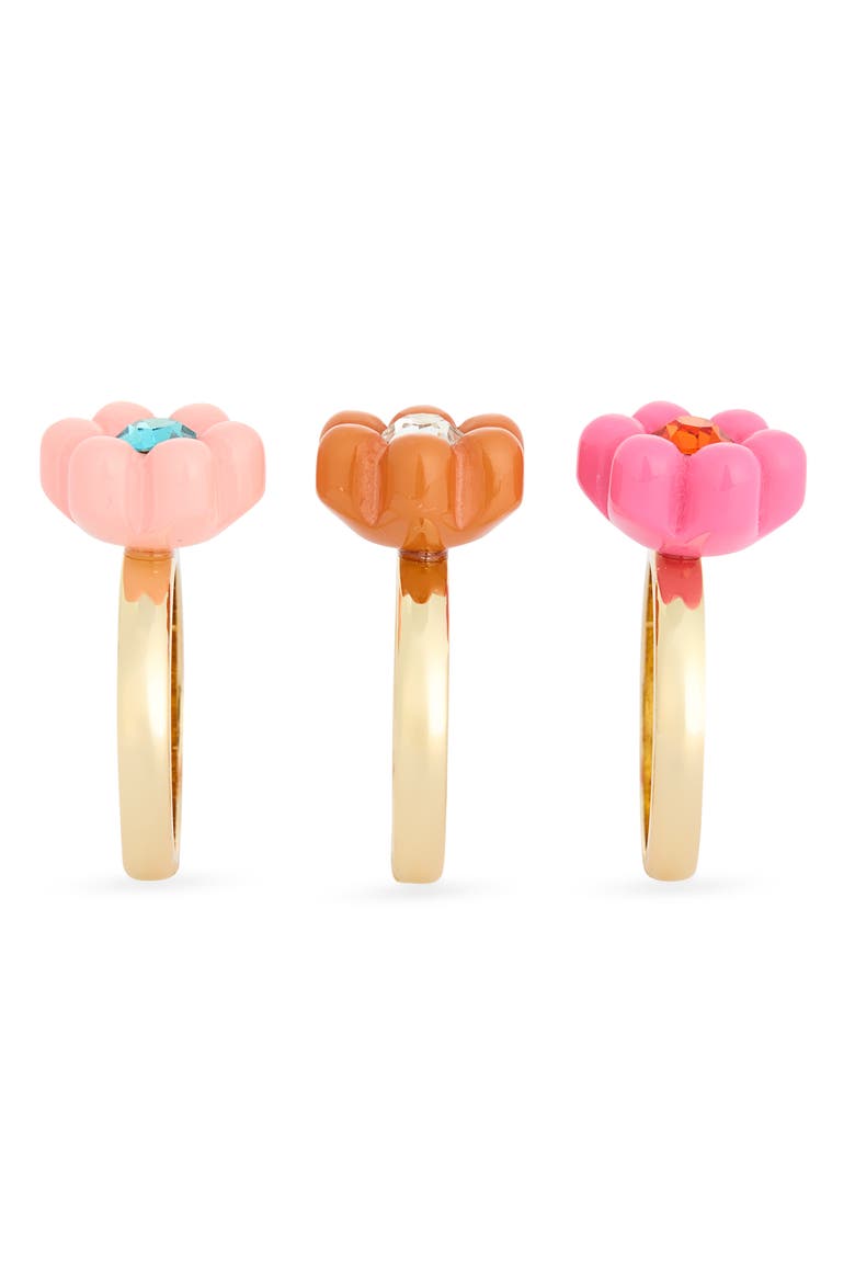 Set of 3 Crystal & Resin Flower Rings, Alternate, color, PINK MULTI- GOLD