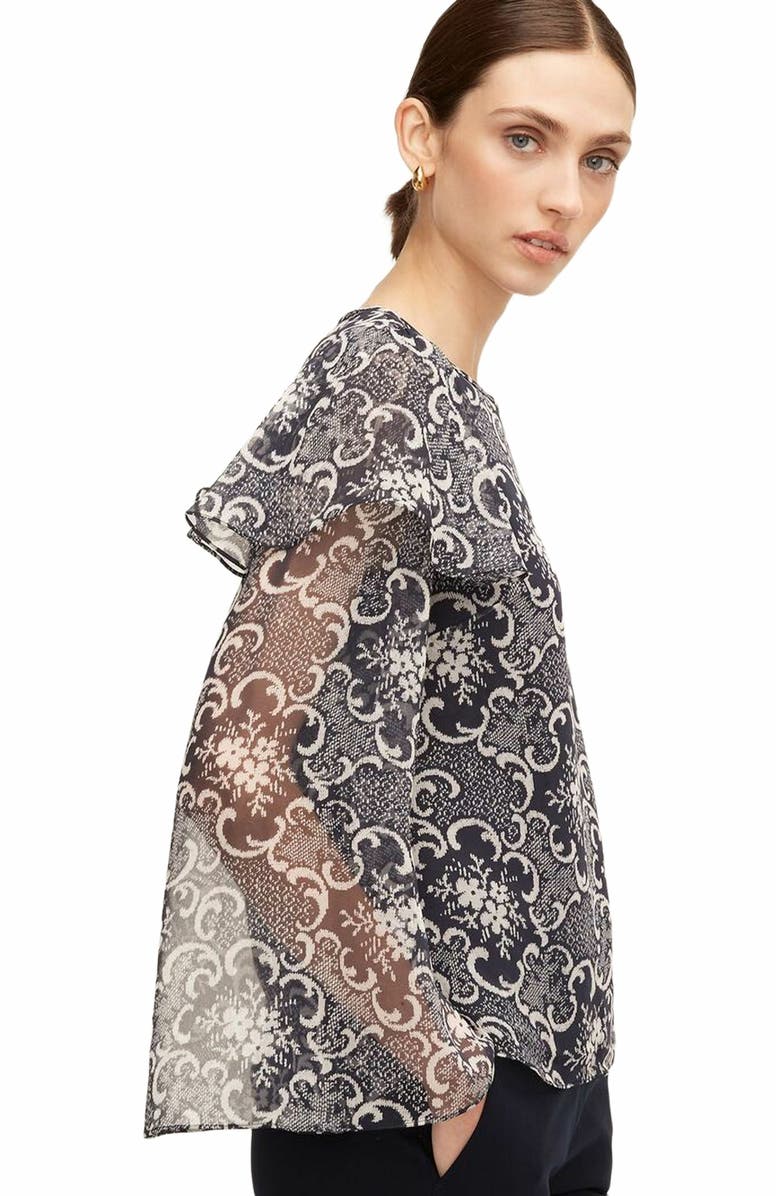 Rebecca Taylor Rochelle Fleur Ruffle Silk Blouse, Alternate, color, Rochelle Fleur Navy Combo