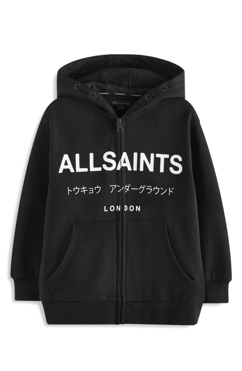 smALLSAINTS by ALLSAINTS Kids' Underground Oversize Logo Zip Hoodie, Main, color, Black