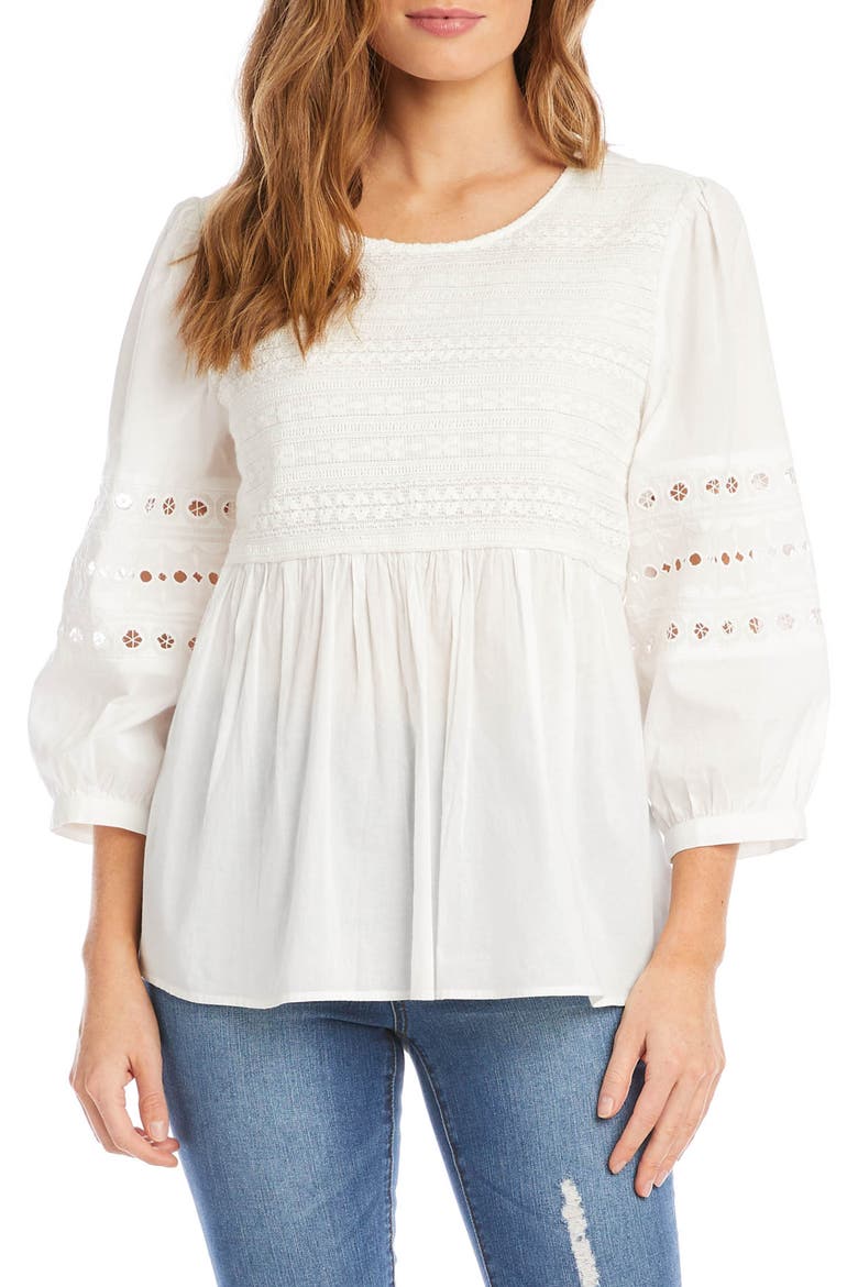 Eyelet Trim Cotton Popover Blouse, Main, color, OFF-WHITE
