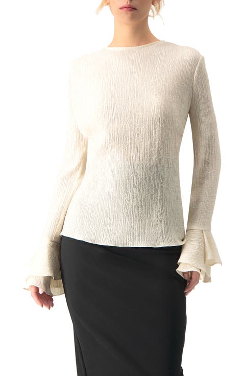 Long Sleeve Ruffled  Cuff Textured Blouse