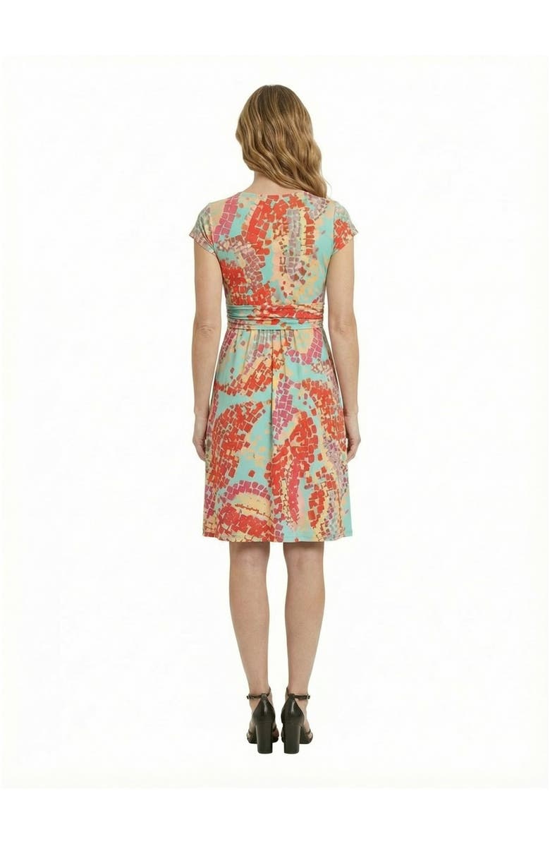 24seven Comfort Apparel Essential Petite Mosaic V-Neck Cap Sleeve Knee Length A-Line Pocket Dress, Alternate, color, Blue Multi