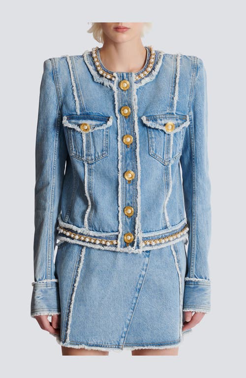 Balmain Faux Pearl-embellished Frayed Denim Jacket