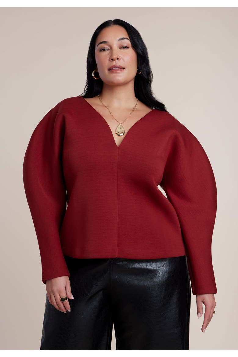 Round Sleeve V Neck Top, Main, color, RED DAHLIA