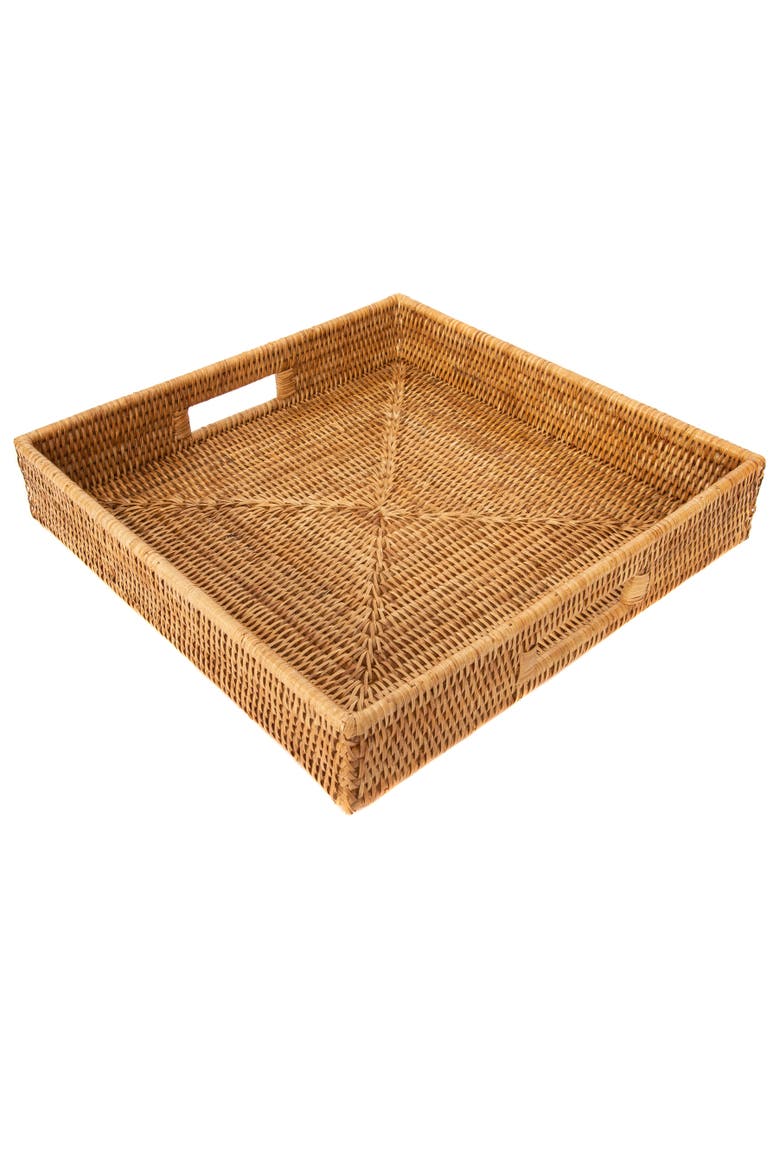 Artifacts Rattan Square Serving Tray with Cutout Handles, Alternate, color, Honey Brown