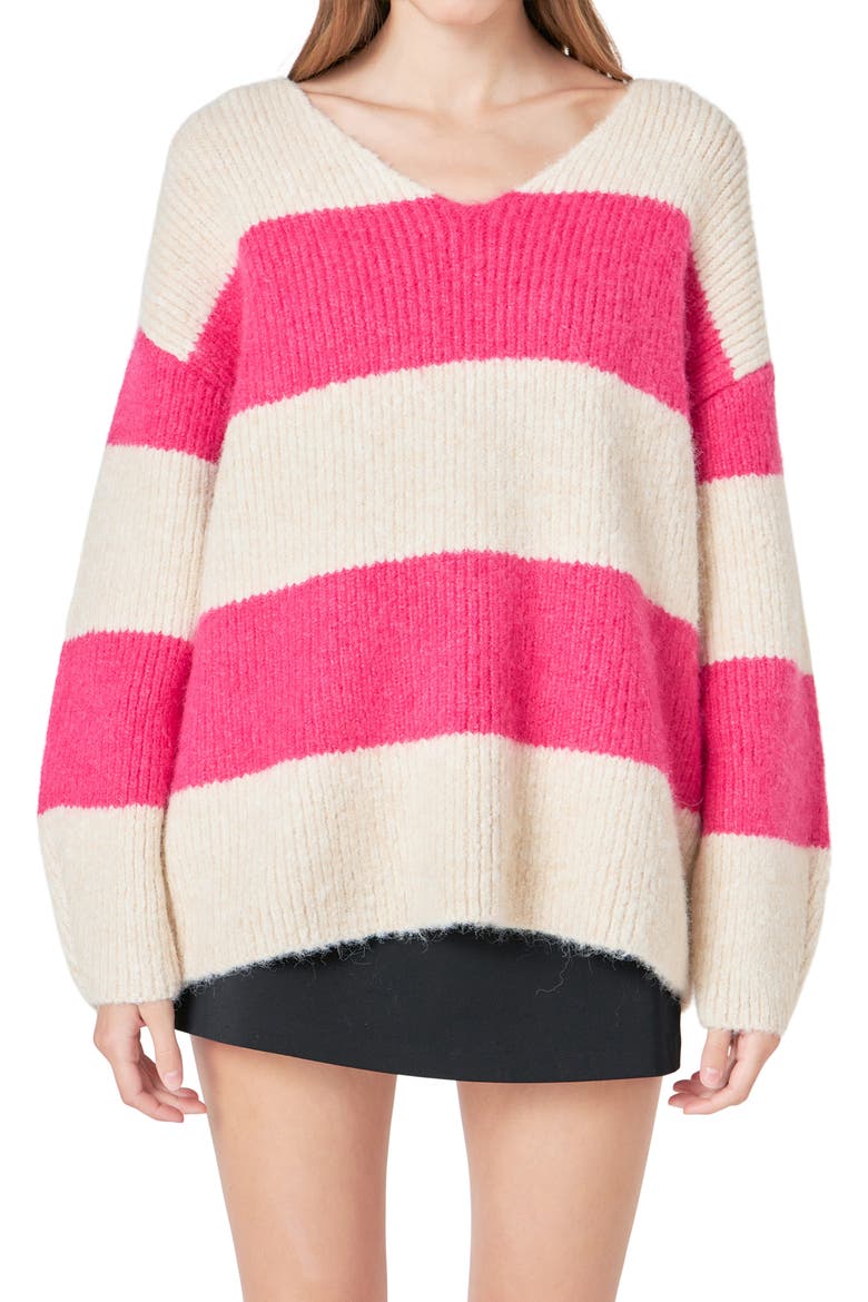 Oversize Stripe Sweater, Main, color, BEIGE/ FUCHSIA