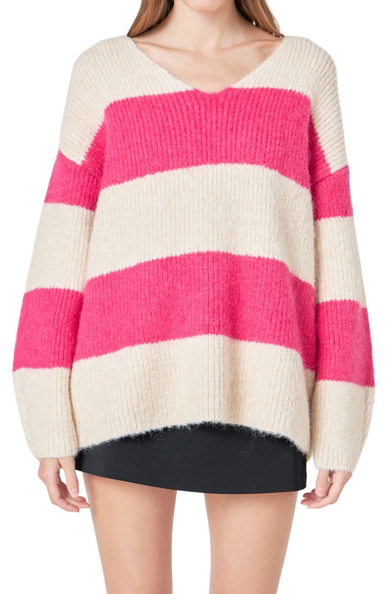 Endless Rose Oversize Stripe Sweater, Main, color, Beige/ Fuchsia