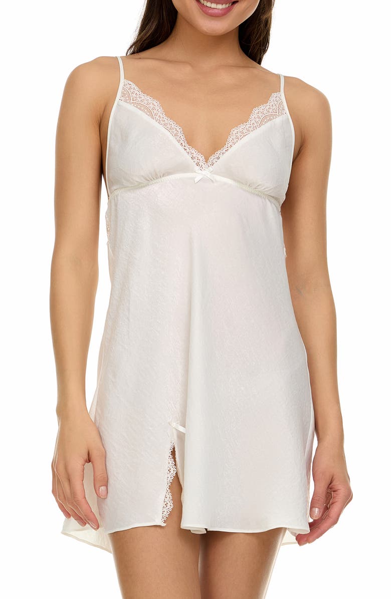 Flora Nikrooz Madelyn Lace Trim Satin Charmeuse Chemise, Main, color, Ivory