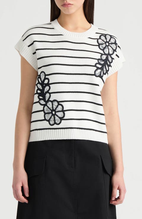 Sequined Floral Stripe Dolman Sweater