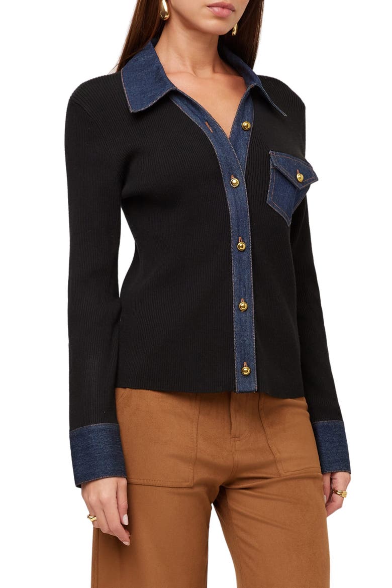 Denim Trim Rib Cardigan, Alternate, color, BLACK