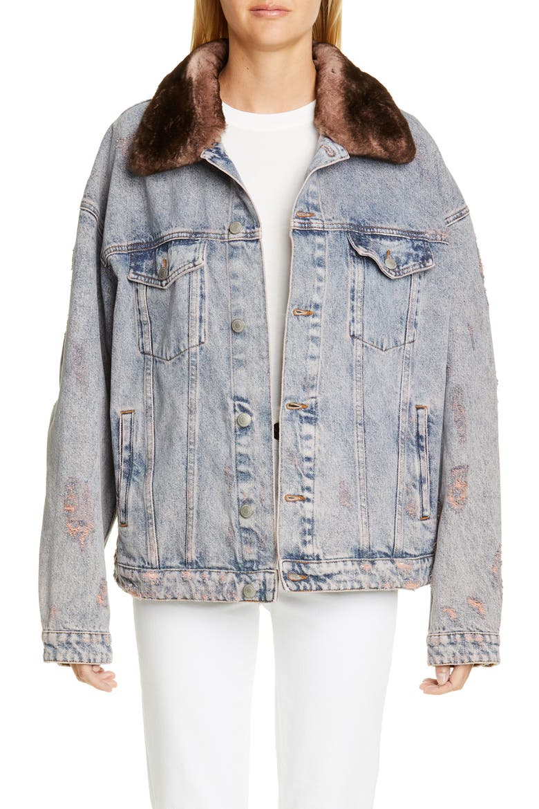 Rocky Denim Jacket with Genuine Orylag® Rabbit Fur Trim, Main, color, BLOOMING DAHLIA