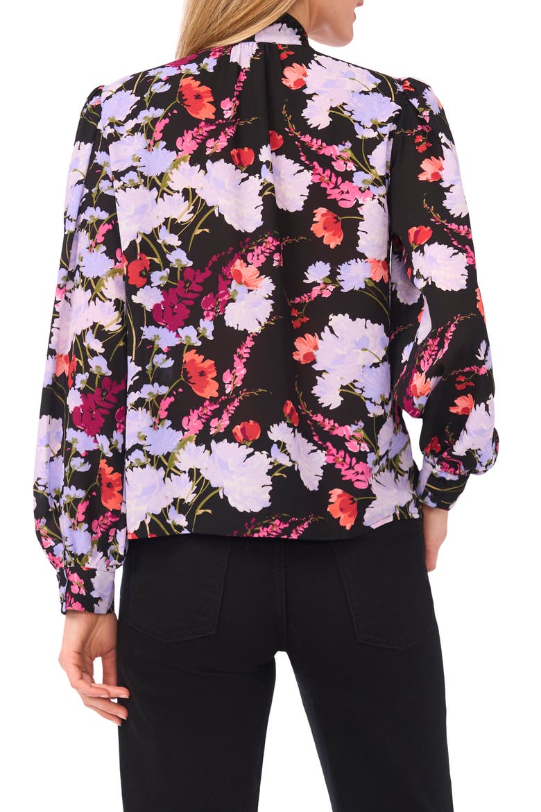 Floral Tie Neck Long Sleeve Button-Up Top, Alternate, color, RICH BLACK