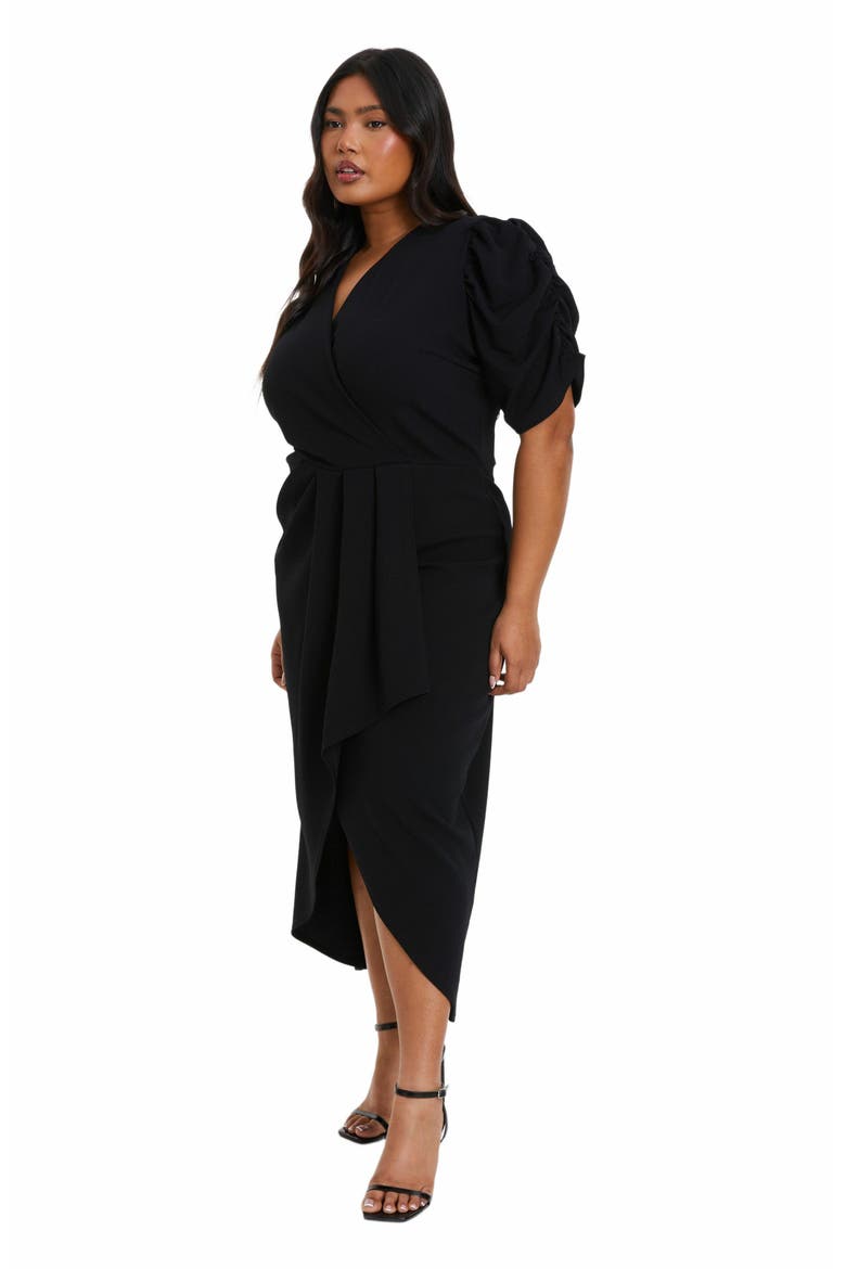 Wrap Pleated Ruched Sleeve Midi Dress, Alternate, color, Black