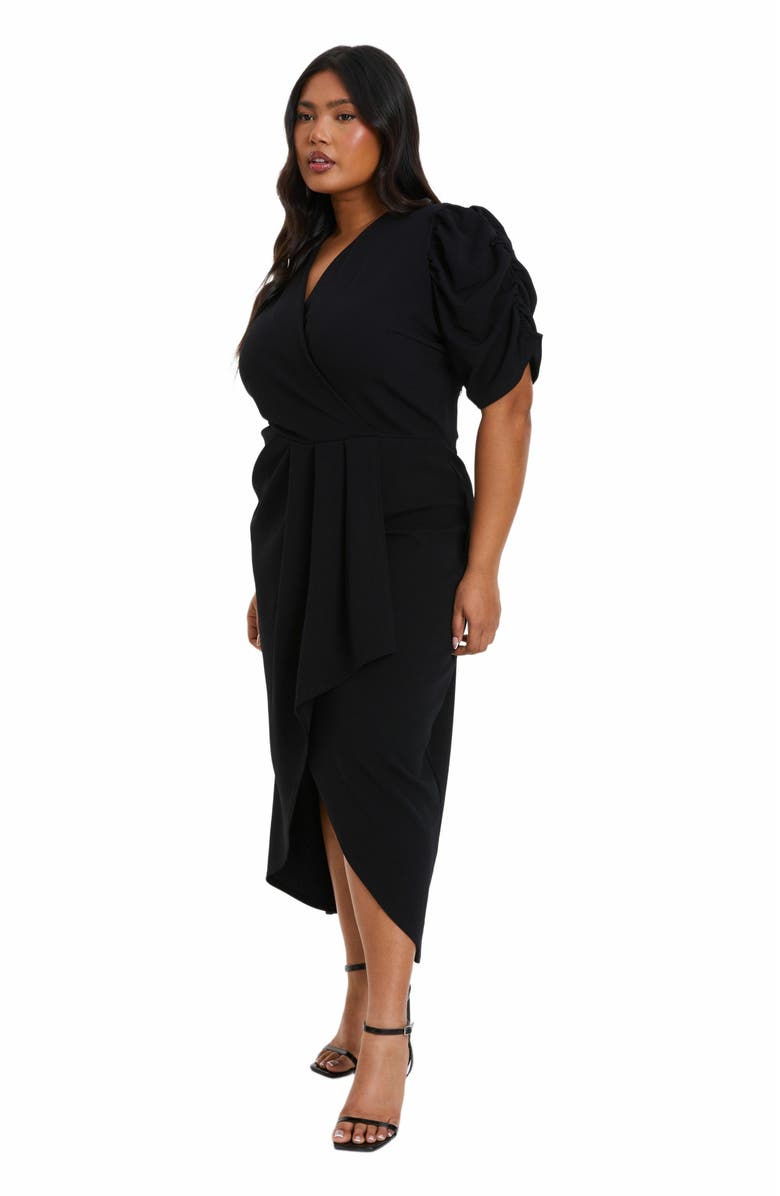 QUIZ Wrap Pleated Ruched Sleeve Midi Dress, Alternate, color, 