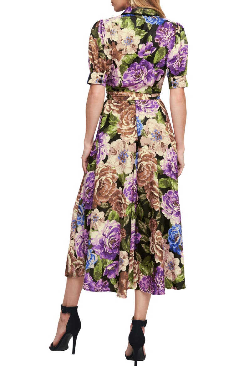 Floral Button Front Midi Dress, Alternate, color, BLACK