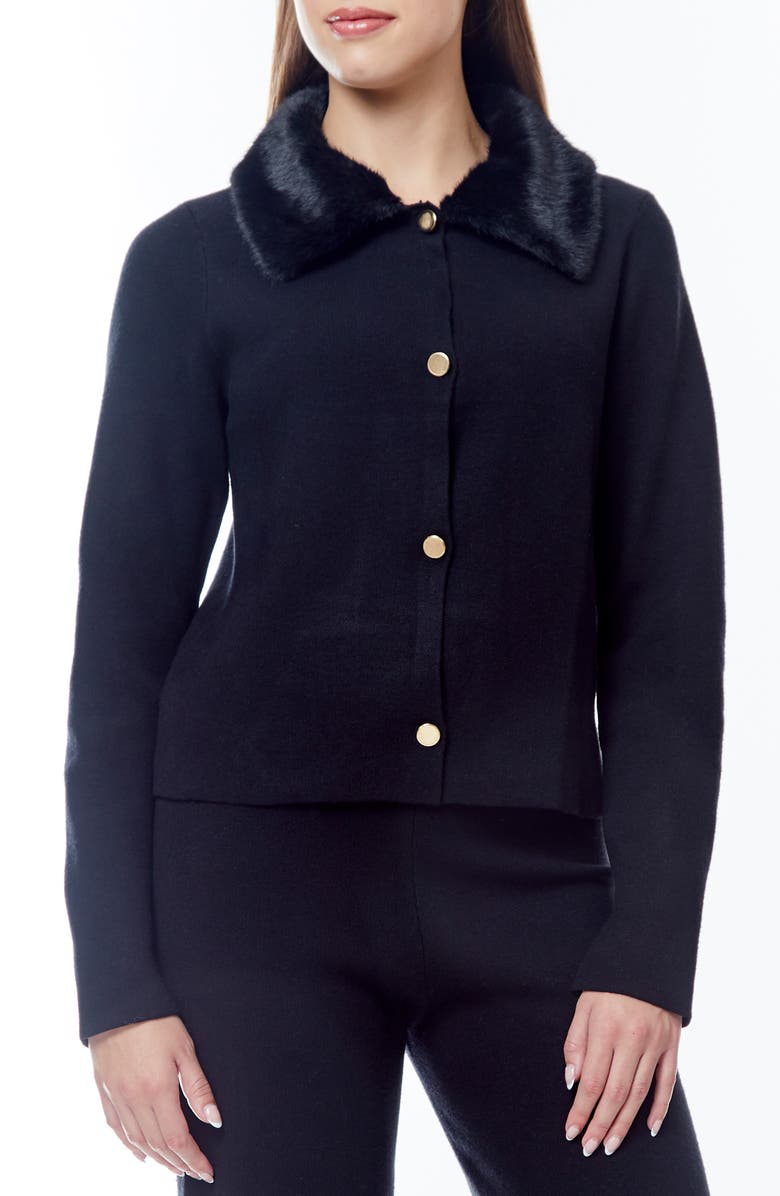 BY DESIGN Isa Faux Fir Trim Cardigan, Main, color, Black