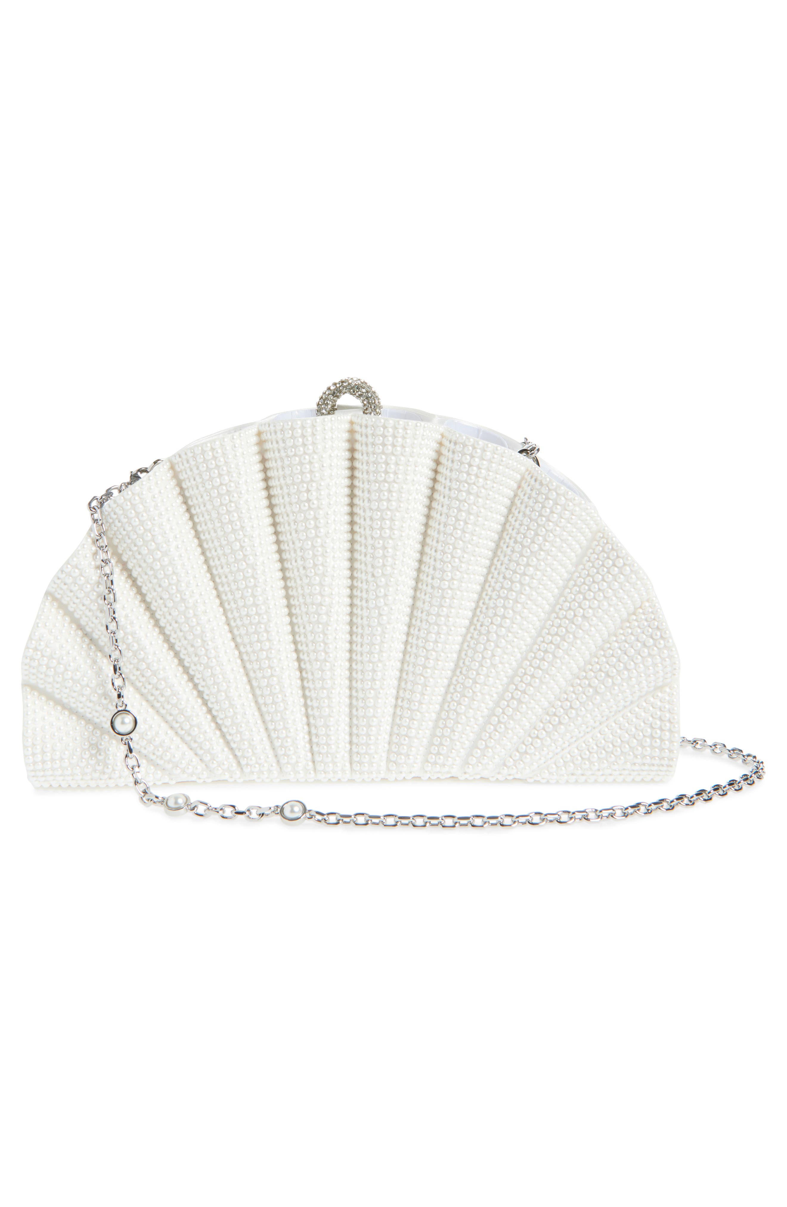 JUDITH LEIBER COUTURE Origami Fan Faux Pearl Embellished Satin Clutch, Alternate, color, 