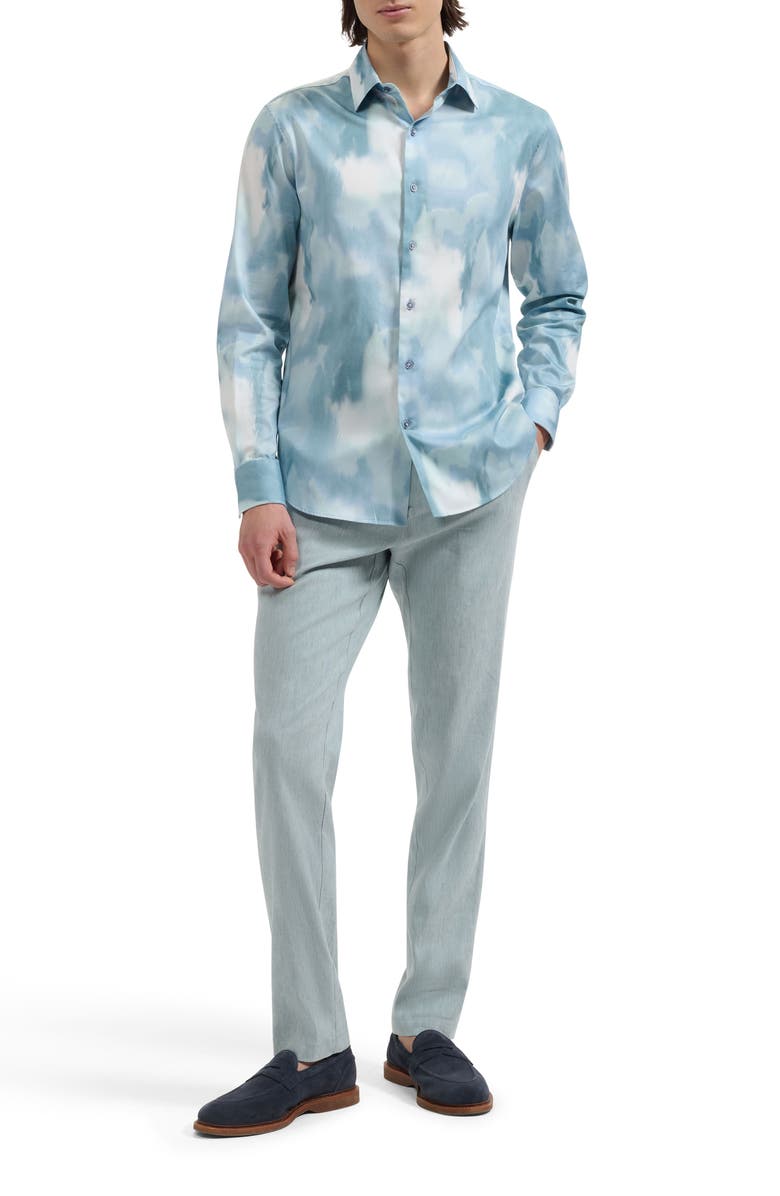 Bugatchi Julian Shaped Fit Cloud Print Stretch Cotton Button-Up Shirt, Alternate, color, Sea Spray