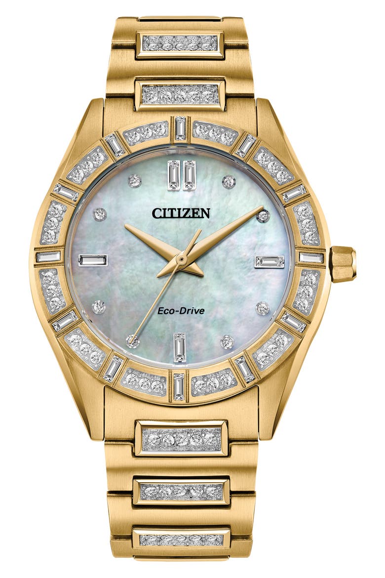 Crystal Mother of Pearl Dial Bracelet Watch, 34mm, Main, color, GOLD