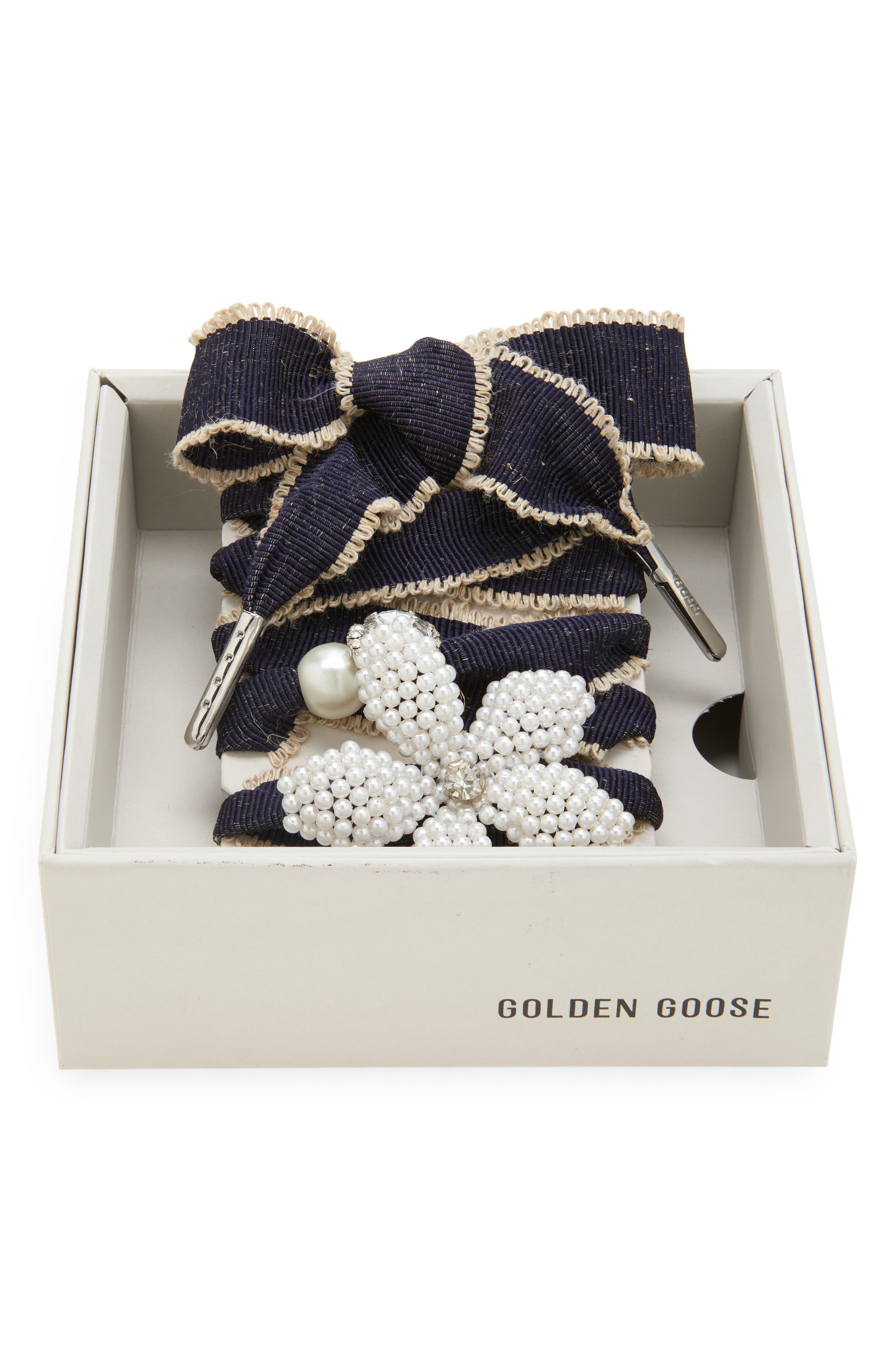 Skins Stripe Crystal & Faux Pearl Charm Shoelaces, Main, color, BLACK/ CREAM