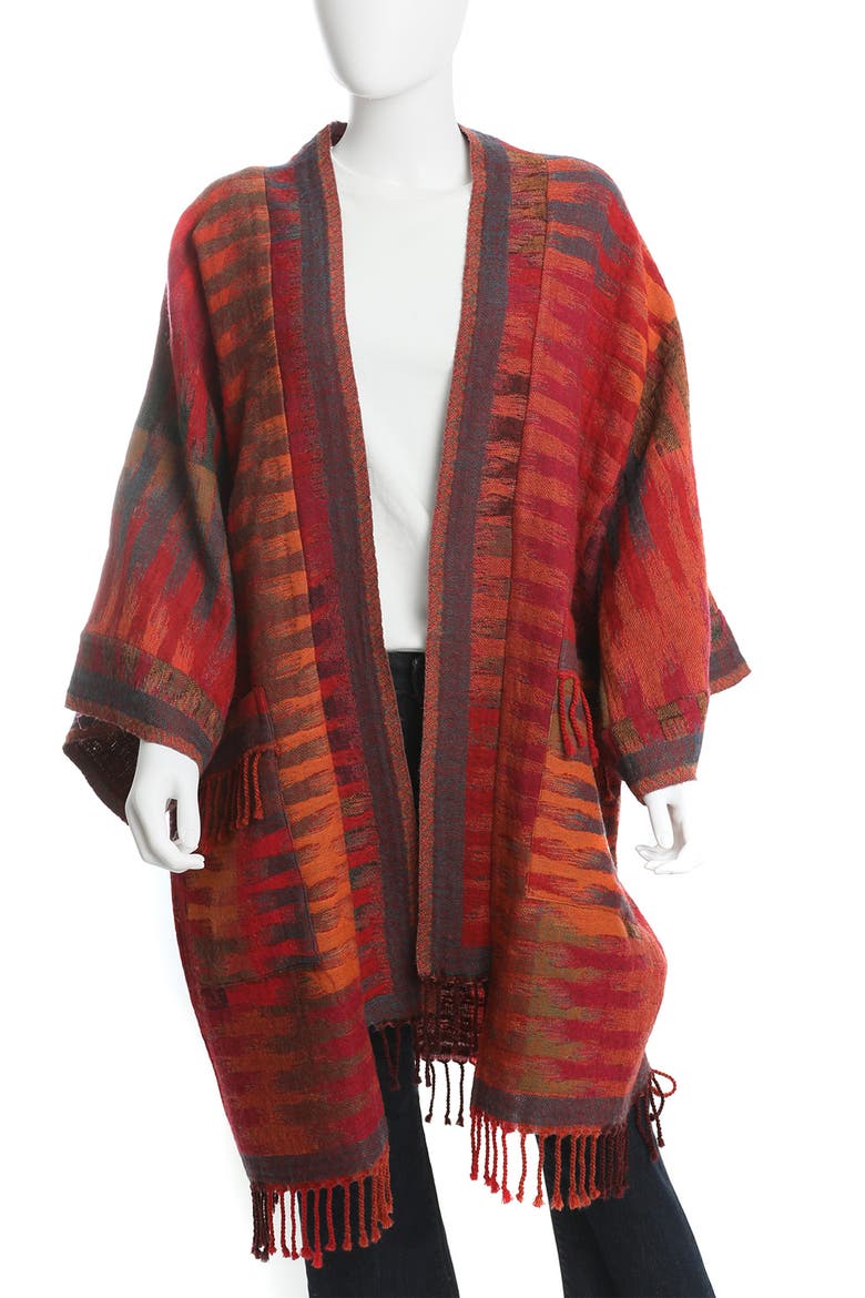 Gradient Stripe Fringe Trim Ruana, Alternate, color, RED