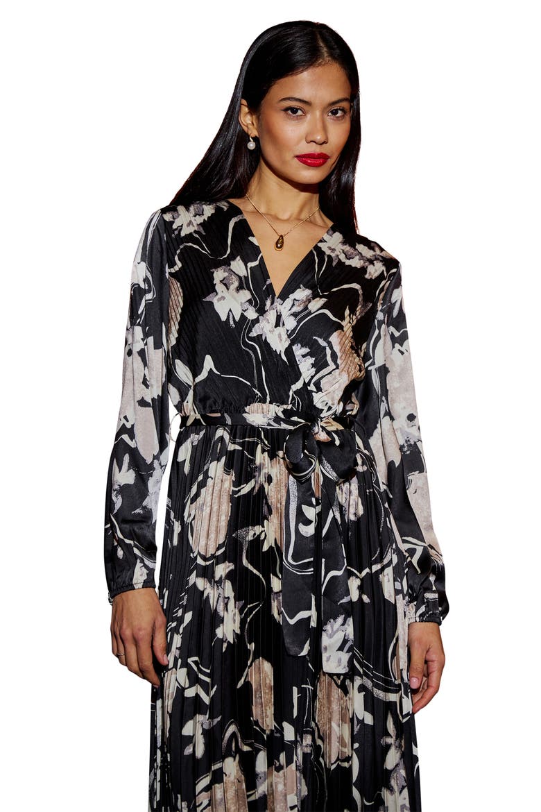 Floral Satin Long Sleeve Midi Dress, Alternate, color, Black