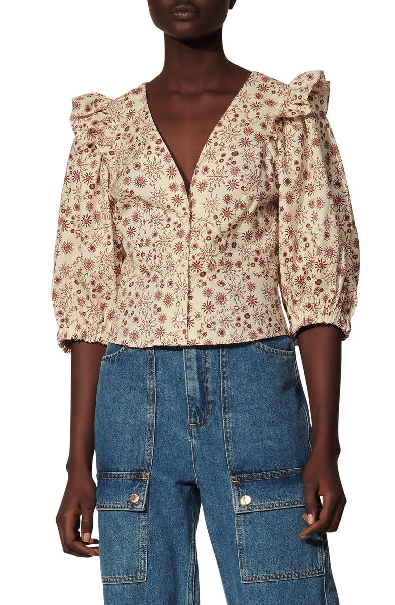 SANDRO Miranda Floral Puff Sleeve Cotton Blouse, Main, color, 