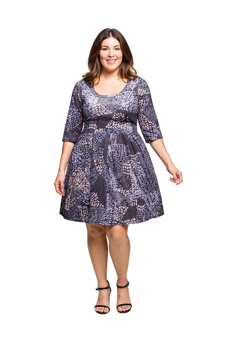 Three Quarter Sleeve Fit and Flare Dress, Main, color, Grey Multi