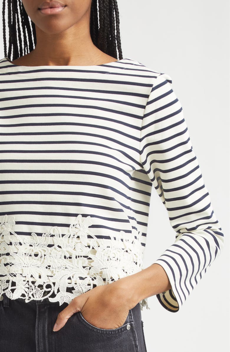 Veronica Beard Hovey Stripe Lace Detail Cotton Top, Alternate, color, Dove Navy Stripe