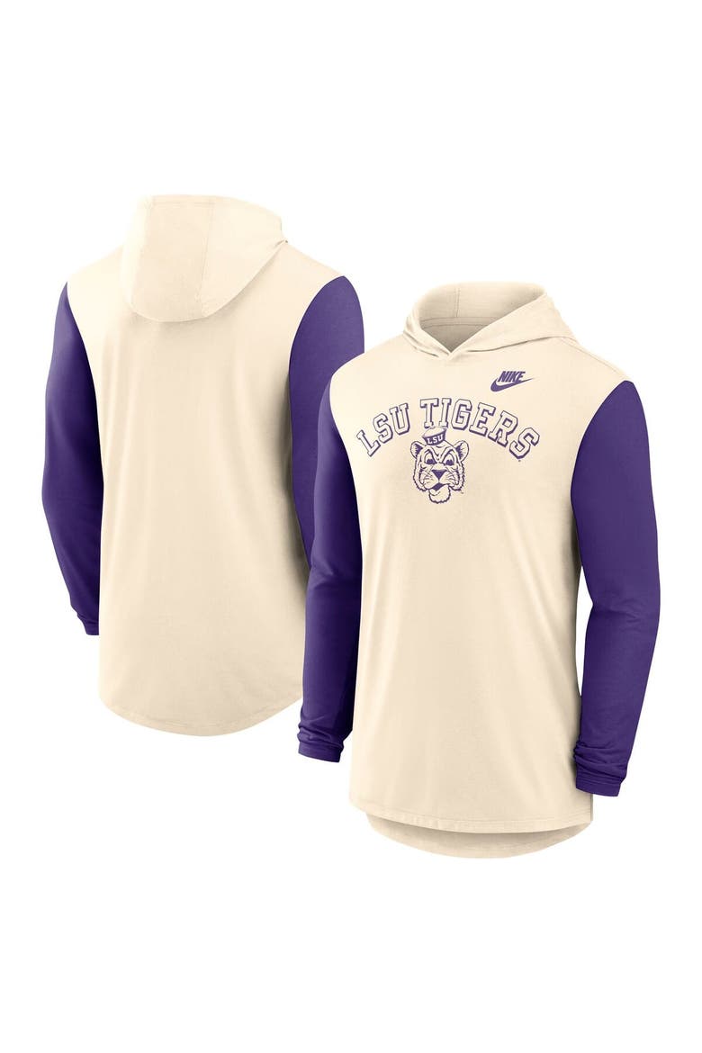 Men's Nike Natural/Purple LSU Tigers Legacy Color-Block Tri-Blend Performance Long Sleeve Hoodie T-Shirt, Alternate, color, Natural
