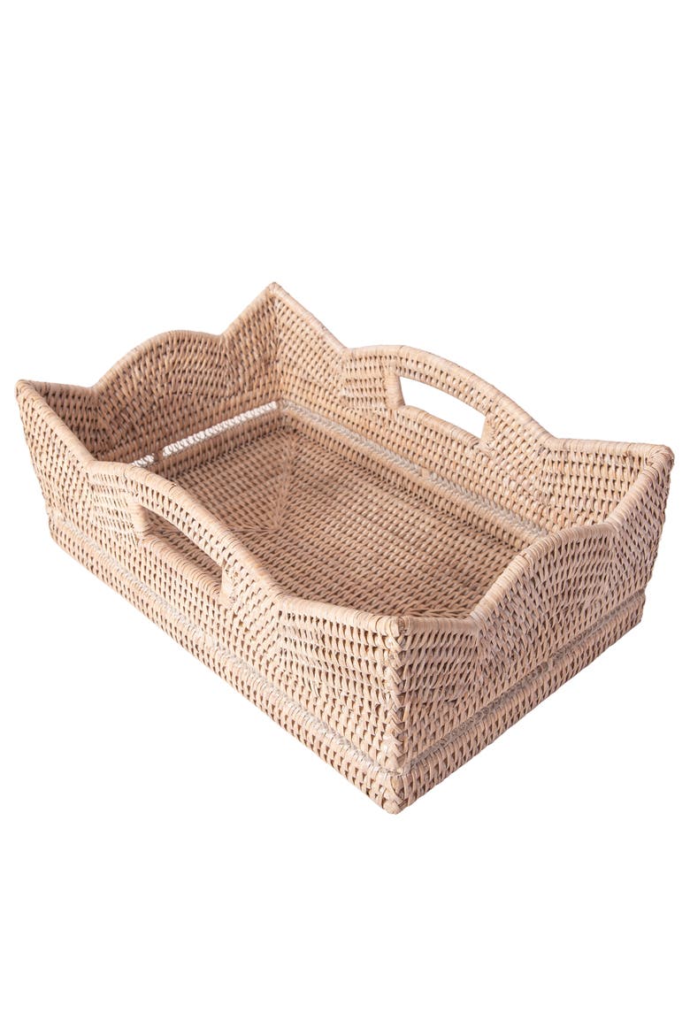Artifacts Rattan Rectangular Scalloped Shelf Basket, Main, color, White Wash