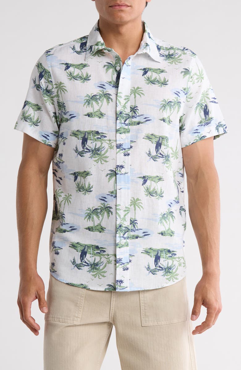 14th & Union Short Sleeve Linen & Cotton Button-Up Shirt, Main, color, White Palm And Surf