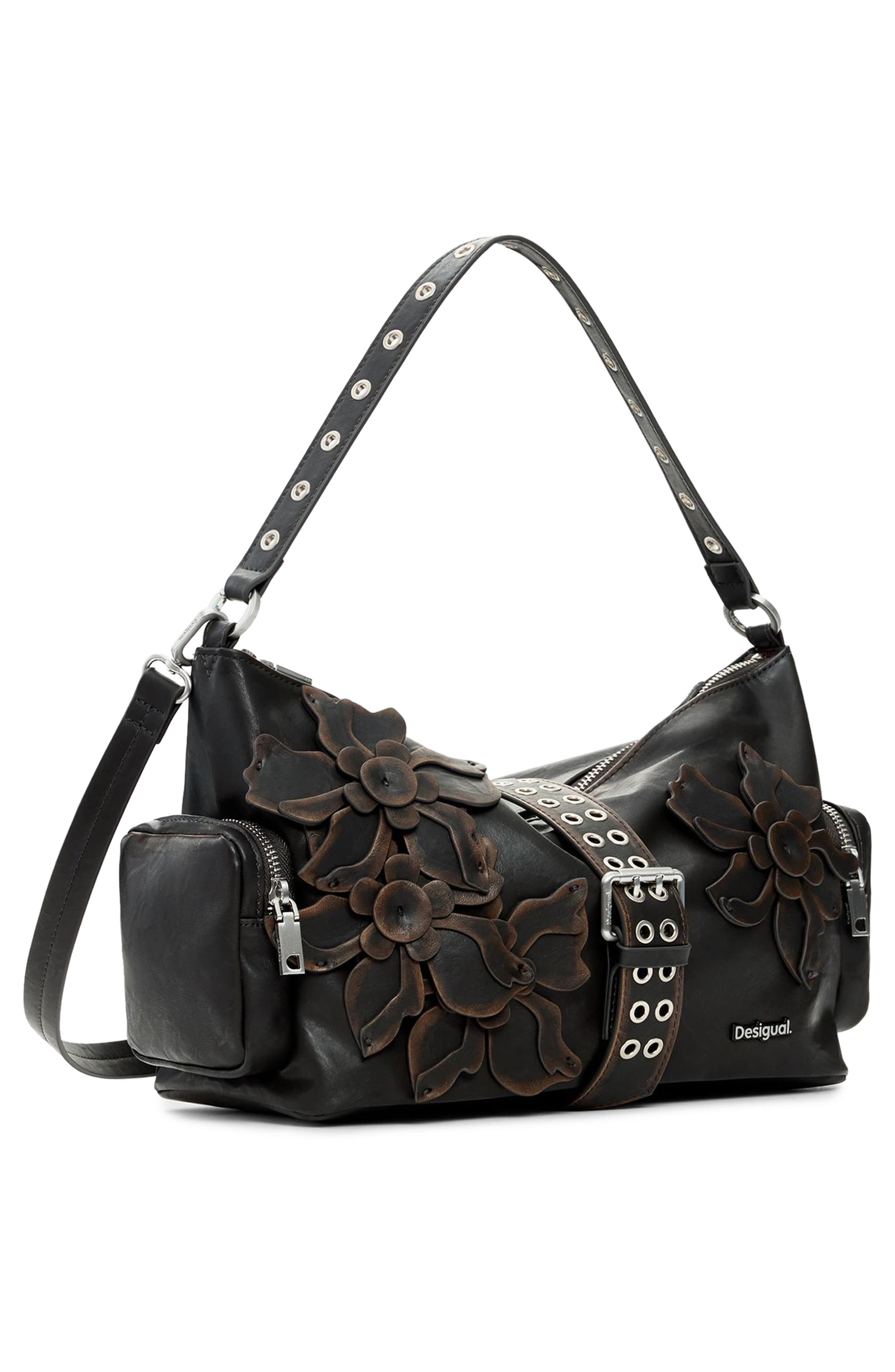 Desigual Medium Floral Appliqué Faux Leather Shoulder Bag, Alternate, color, Dark Brown